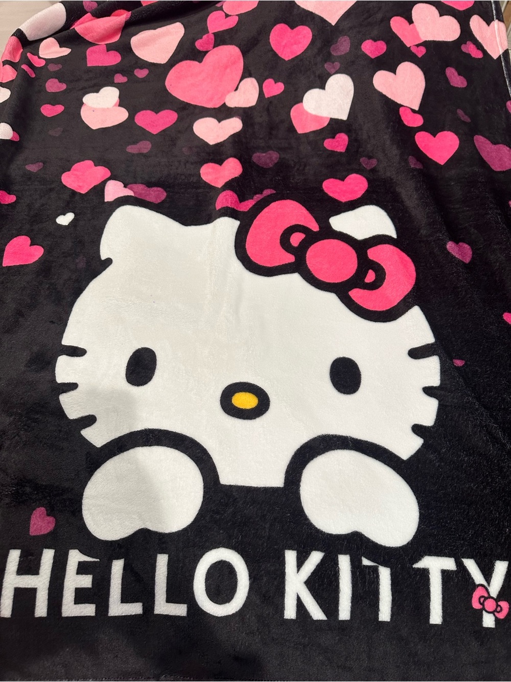Hello Kitty Black, White & Pink Plush Throw Blanket with Heart Motif